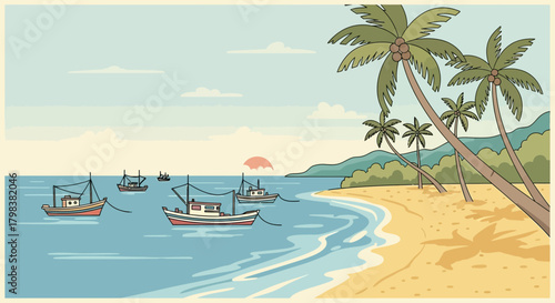 Tranquil Coastal Scene with Fishing Vessels and Tropical Island Atmosphere
