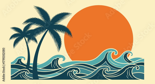 Tropical Beach Scene with Palm Trees, Sunset, and Waves Graphic Design