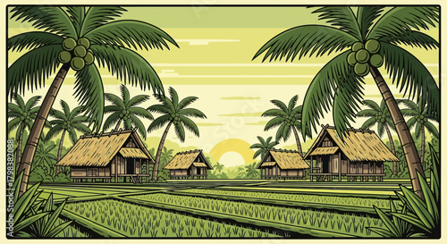 Tropical Asian Village Landscape with Thatched Roof Huts and Rice Terraces