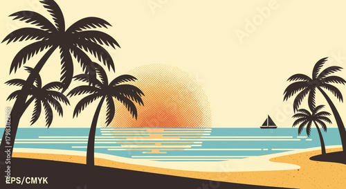 Vintage stylized beach landscape with palms, sunset, and sailboat imagery