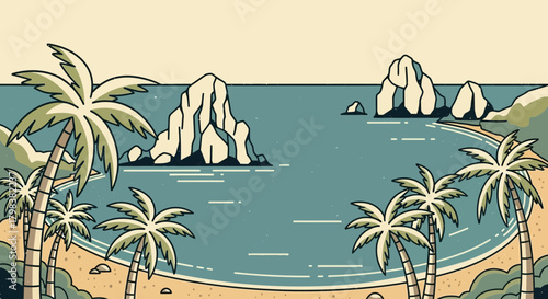 Vintage tropical coastline with arch rock formations and palm trees illustration