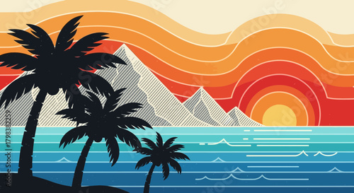 Vintage Tropical Sunset Illustration with Palm Trees and Mountain Silhouette