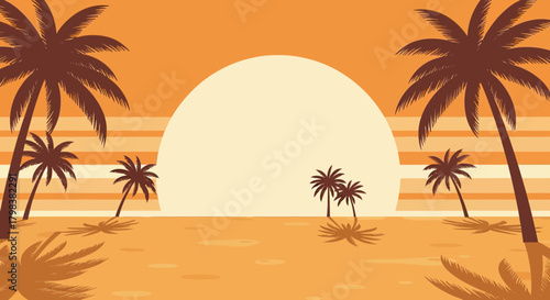 Golden Silhouette: Peaceful Tropical Sunset with Palm Trees Vector Illustration
