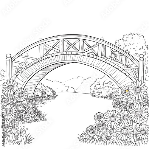A detailed line art illustration of a wooden arched bridge over a garden with flowers