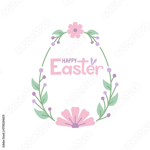 Happy Easter text inside festive bloom egg shape frame. Floral border with foliage blossom flower crown green leaves, spring lettering. Holiday congrats handwriting script botanical greeting wordmark