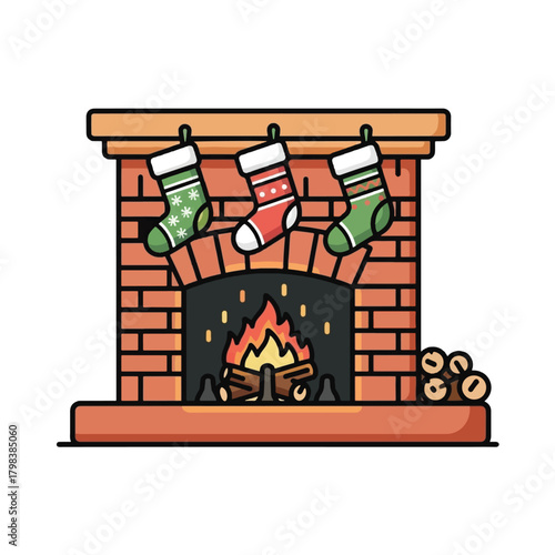A charming illustration of a brick fireplace with three colorful Christmas stockings hanging over a warm, glowing fire.