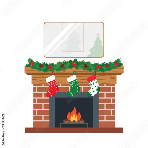 Cozy Christmas fireplace with burning fire, festive garland, hanging stockings, and a mirror reflecting a Christmas tree.