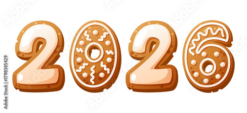 Gingerbread cookies shaped as the numbers 2026. The cookies are decorated with white icing and intricate designs. They have a golden-brown color and a festive appearance.