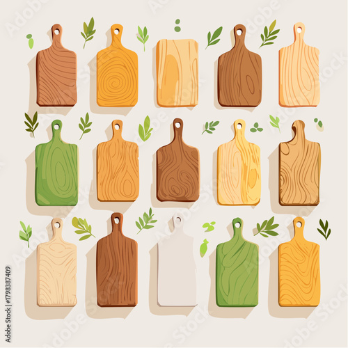 Collection Of Various Wooden And Green Cutting Boards Arranged In Rows On A Light Beige Background With Small Green Leaves And Cast Shadows Overhead Natural Kitchen Utensils
