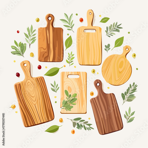 Collection of Wooden Cutting Boards and Greenery Arranged in a Circular Pattern on a Light Background