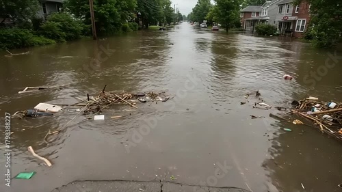 Devastating Floodwaters Submerge Residential Street After Heavy Rainfall.