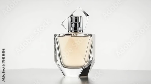 Elegant Perfume Bottle with Diamond-Shaped Cap on White Background, Luxury Fragrance Product Still Life.