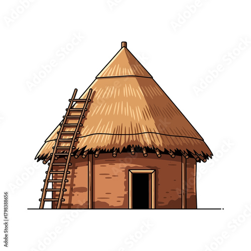 Cartoon illustration of a simple thatched hut with a ladder leaning against it