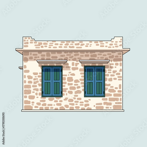 Charming Adobe Building Facade with Blue Windows, Vector Illustration