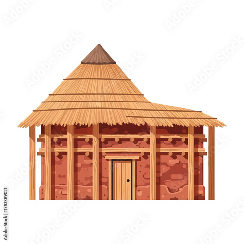 Illustration of Traditional African Mud Hut with Thatched Roof Design