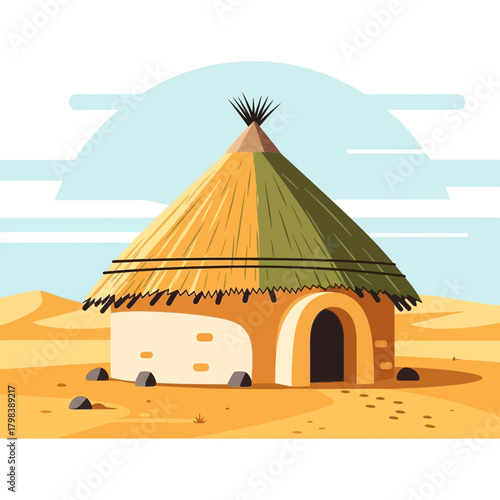 Stylized depiction of an African hut, embodying simplicity and tranquility