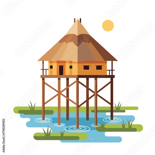 Stylized stilt house illustration with idyllic river and sun scenery