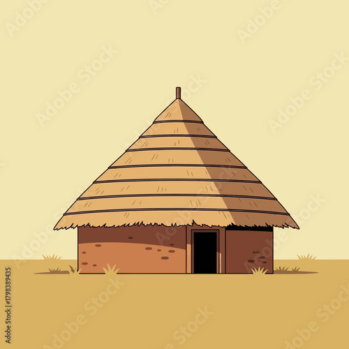 Stylized traditional african hut illustration in a muted color palette