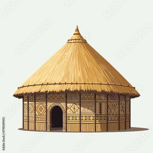 Traditional African hut with geometric patterns and a conical thatched roof