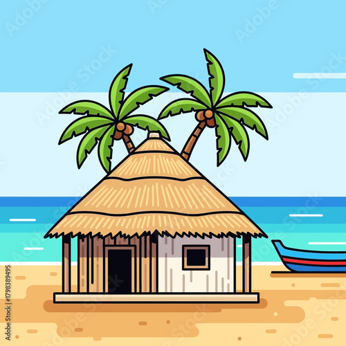 Tropical beach hut refuge with palm trees against azure sea backdrop