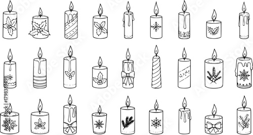 Detailed set of hand-drawn Christmas candles with festive decorations like holly, snowflakes, pine branches, and ribbons. Collection of holiday winter season vector illustrations for decor and design.