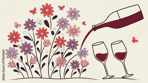 Wine pouring into glasses with flowers and butterflies creating a celebratory scene of nature and drink