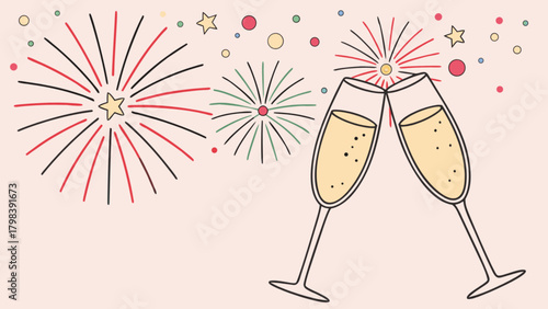 Illustration of two champagne glasses toasting with fireworks and confetti on a light pink background