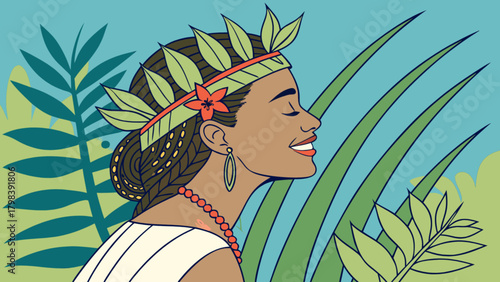 Illustration of a woman with leaf crown and flower in a lush green tropical background scene art