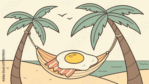 Sunny side up egg and bacon in hammock between palm trees on a tropical beach vacation scene cartoon style