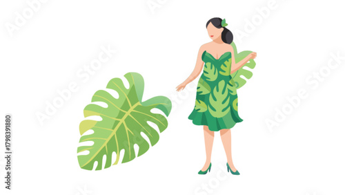 Woman wearing a dress made of monstera leaves standing next to a large monstera leaf in a white space