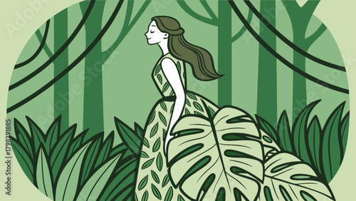 Illustration of a woman in a leaf patterned dress in a green forest with vines and tropical plants