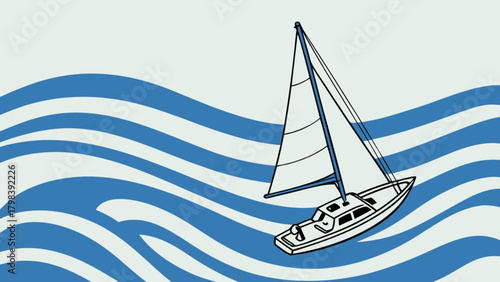Illustration of a sailboat on a wavy blue sea with white background in a simple cartoon style