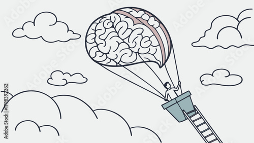 A person in a bucket attached to a brain shaped hot air balloon flying through a cloudy sky illustration