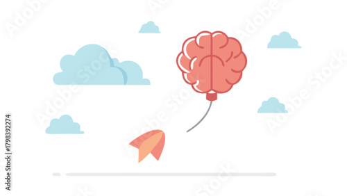 A brain balloon floats amidst fluffy clouds with a small rocket launching upwards in the sky view