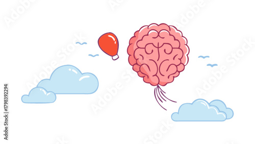 Brain balloon and red balloon floating in the sky with clouds and birds illustration concept design