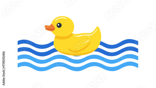 Illustration of a yellow rubber duck floating on blue wavy water with a white background scene shown