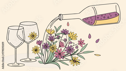 Wine bottle pouring liquid into flowers near two glasses with flower details illustration