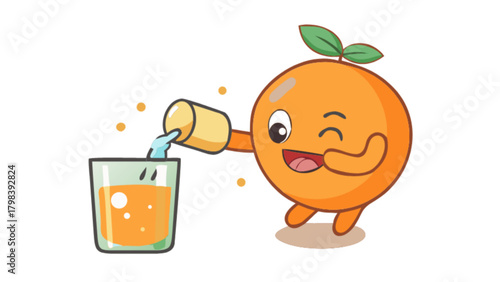 Orange cartoon character pouring juice into a glass with a wink and a happy expression on its face