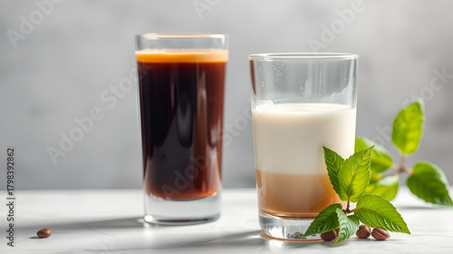 Glass wiss fresh coffee with milk, . Toned photo