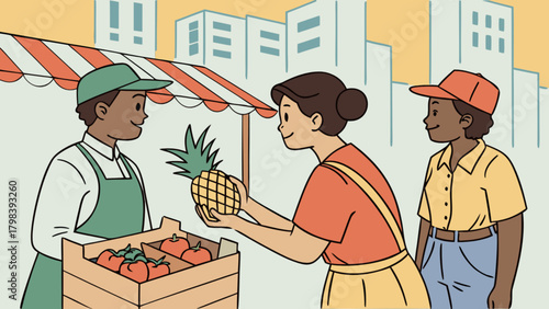 Woman buying pineapple at outdoor market with vendor and another customer in a city setting behind her