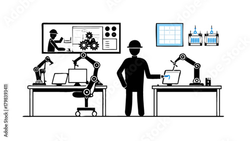 Illustration of a factory setting with robotic arms and workers in a production environment scene