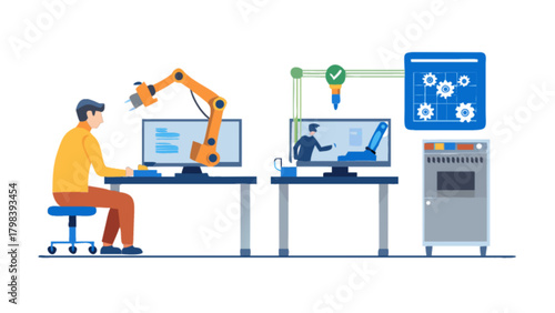 Illustration of automated industrial processes with a man and robotic arms working on computers