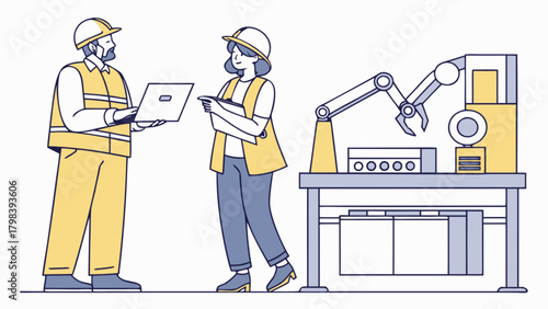 Two factory workers inspecting a robotic arm with a laptop and clipboard on a factory floor area