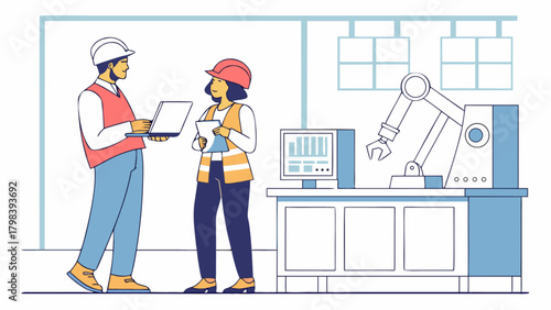 Engineers inspecting robotic arm and computer display in a modern factory setting with hard hats on