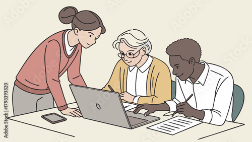 Three people collaborating on a project using a laptop and writing on paper at a table together