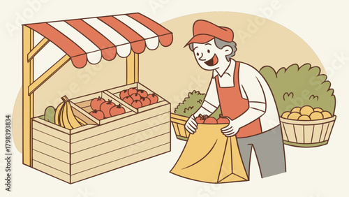 Illustration of a vendor at a fruit stand with apples bananas and a striped awning selling produce