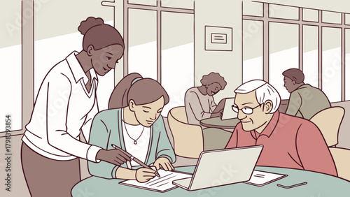 Woman assisting another woman with paperwork while man uses laptop in a bright and open space area