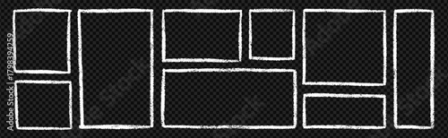 Chalk Frames and text boxes doodle set. Rectangle and square shapes, grunge crayon borders in sketch style. Hand drawn vector illustration isolated on black background