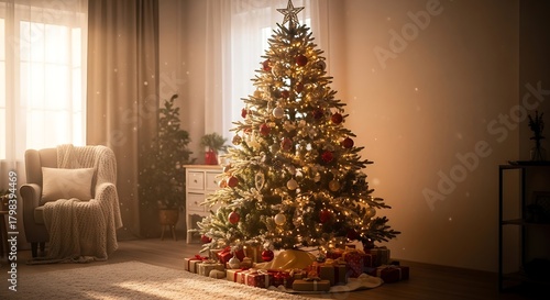 Beautifully Decorated Christmas Tree in a Cozy Living Room with Warm Sunlight.