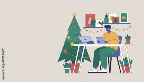 Man works on a laptop in a cozy Christmas home office setting blending work and festive decor